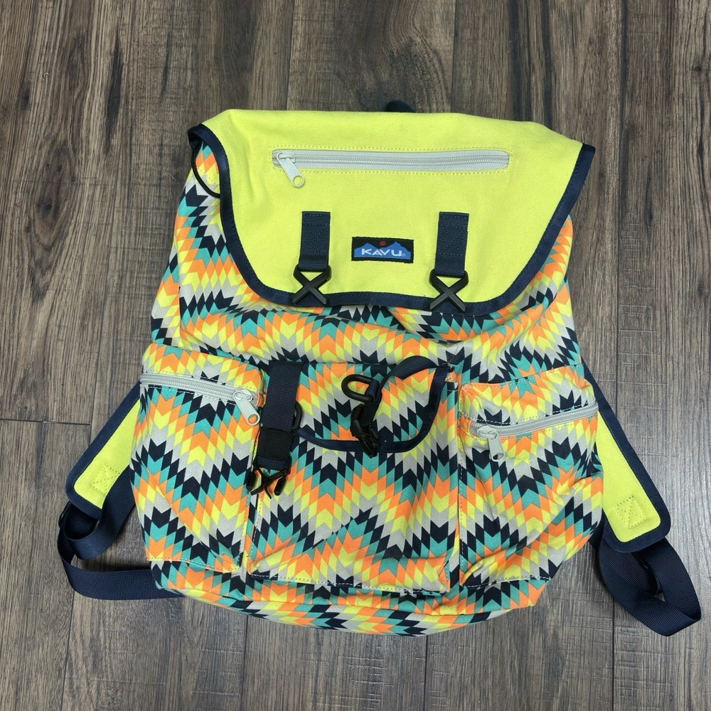KAVU Two Strap Paracord Backpack Geometric Neon Print Travel Book Bag Pack